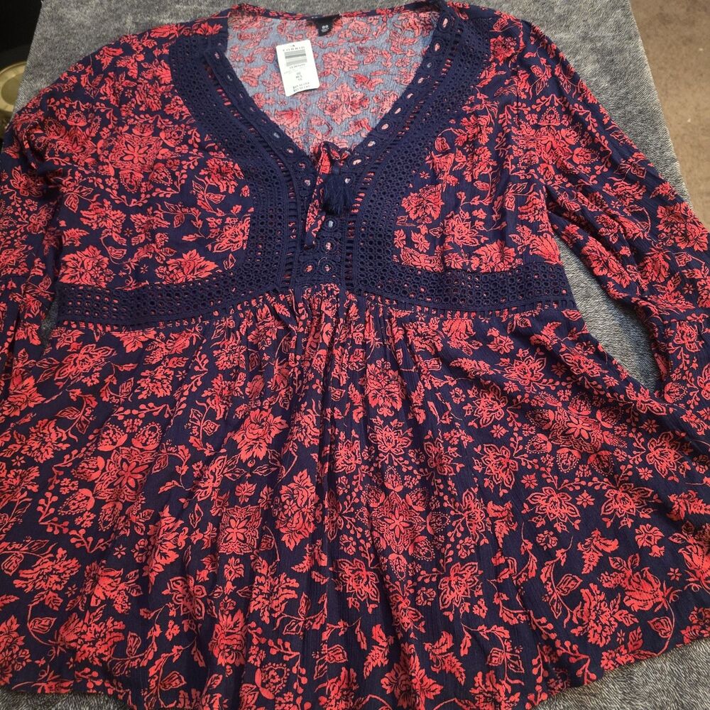 Torrid Flare Sleeve Peasant Top Sz 0 (M/L) Navy Blue Red Floral Boho Babydoll